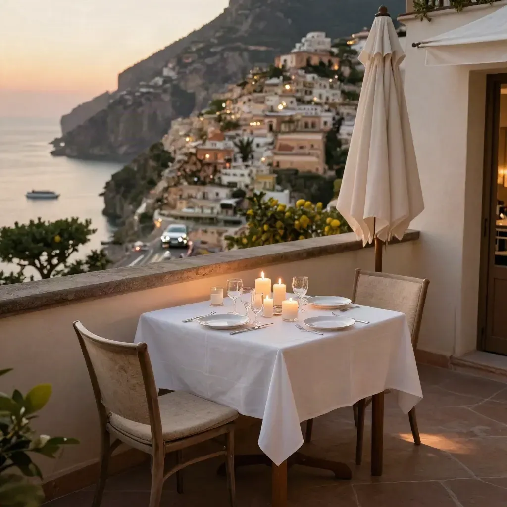 Terrazza a Positano con tavolo illuminato da candele e auto privata in lontananza