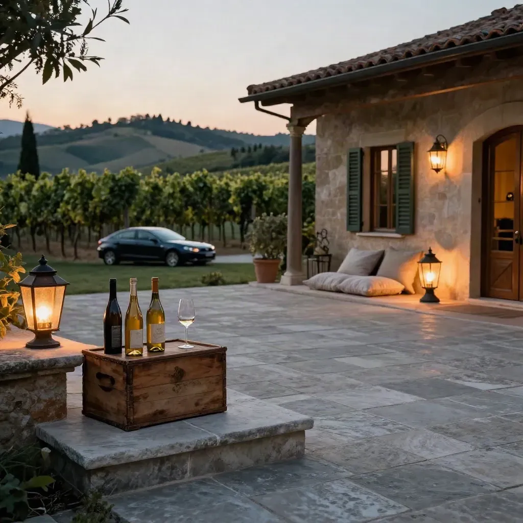 Cortile di villa toscana con bottiglie di vino, terrazza in ombra e auto tour sullo sfondo.
