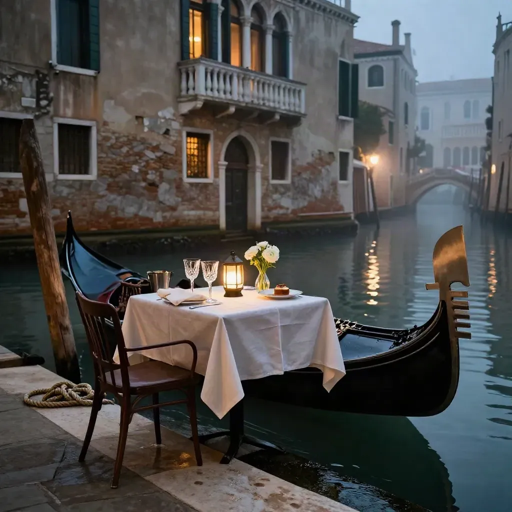 Tavolo d’anniversario a Venezia accanto a una gondola e a un balcone illuminato sul canale.