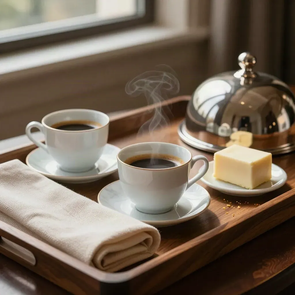Vassoio colazione di resort con tazze in porcellana, marmo e campana d’argento.