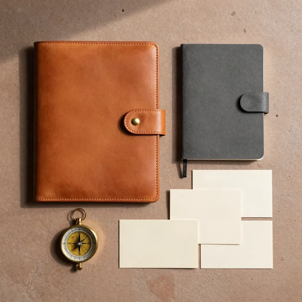Flat lay dall’alto con cartella in pelle, bussola in ottone, taccuino chiuso e card avorio su cemento.