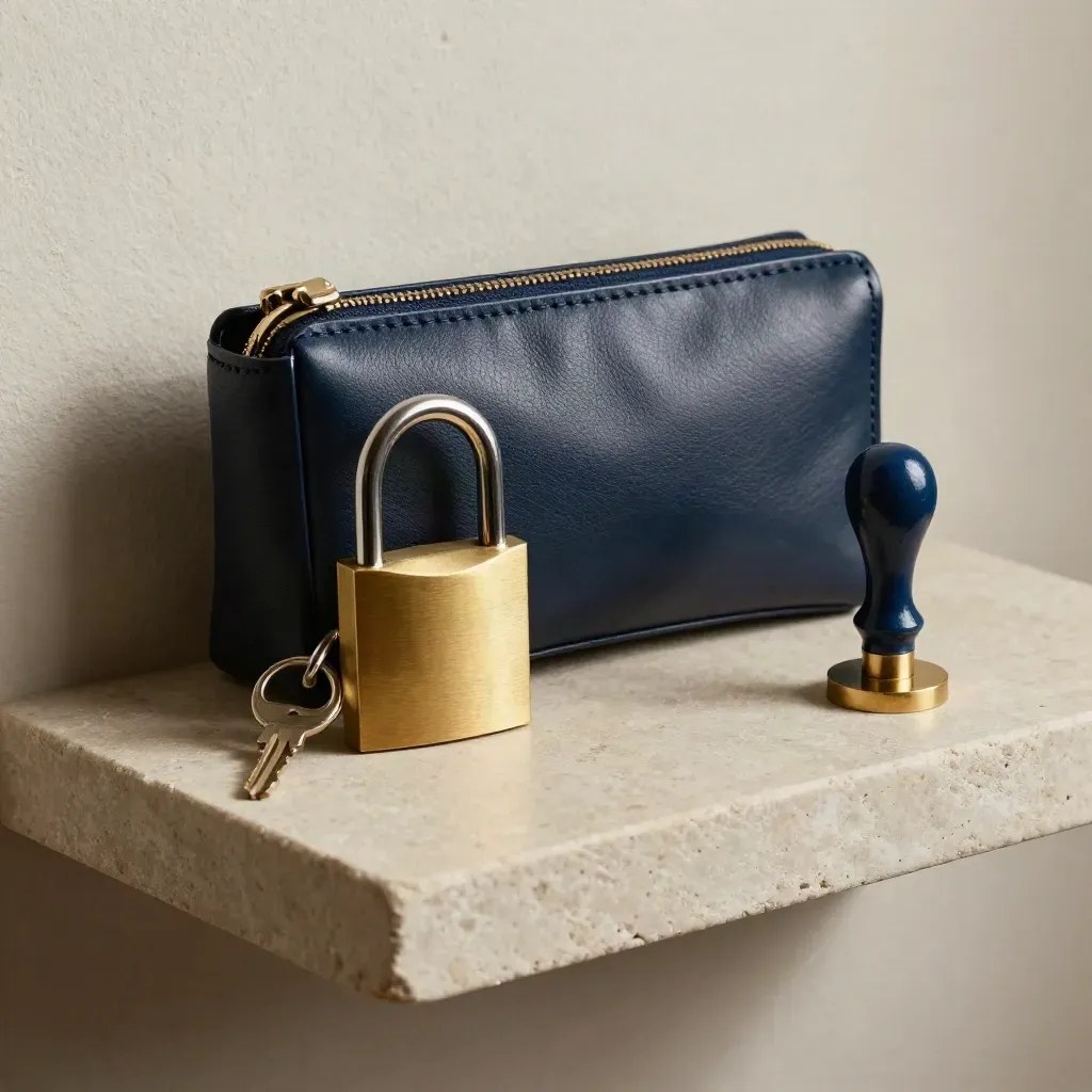 Lucchetto in ottone, pouch sigillato e chiave su mensola di pietra, luce laterale.