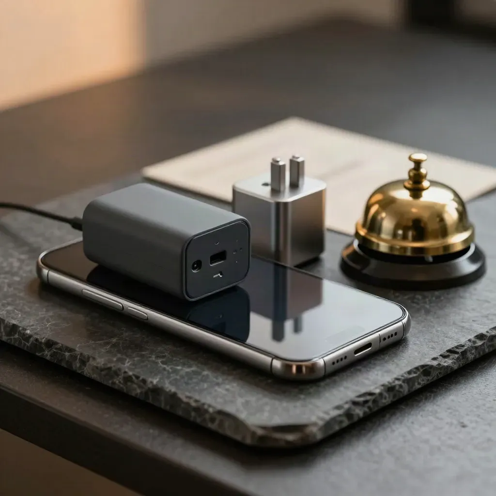 Smartphone, caricatore, adattatore e campanello concierge su pietra scura.